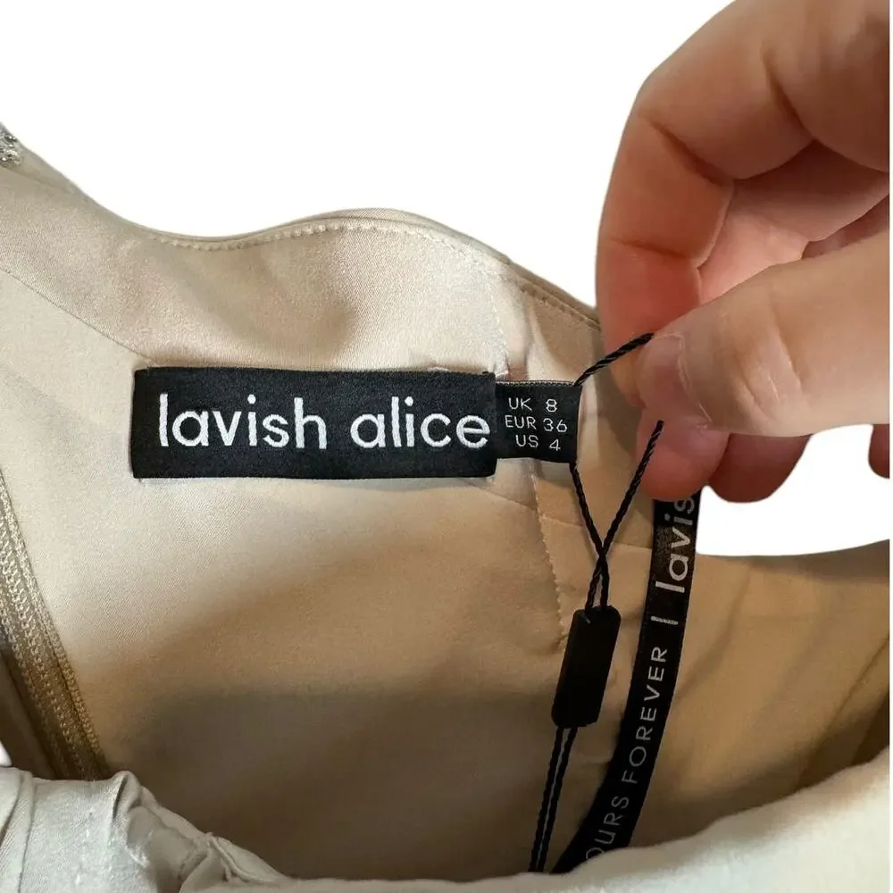 NWT Lavish Alice Corset Draped Cape Midi Dress Champagne Beige‎ Cream 4